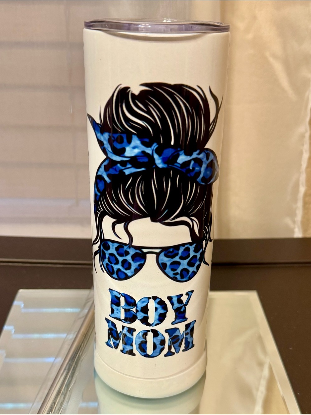New Boy Mom Stainless Tumbler with Blue Leopard Accent